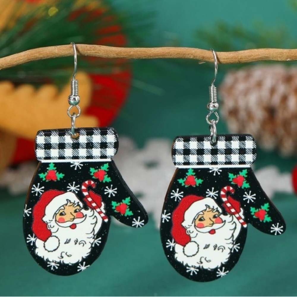 NWT - Winter Mittens with Santa Claus Acrylic Dangle Earrings